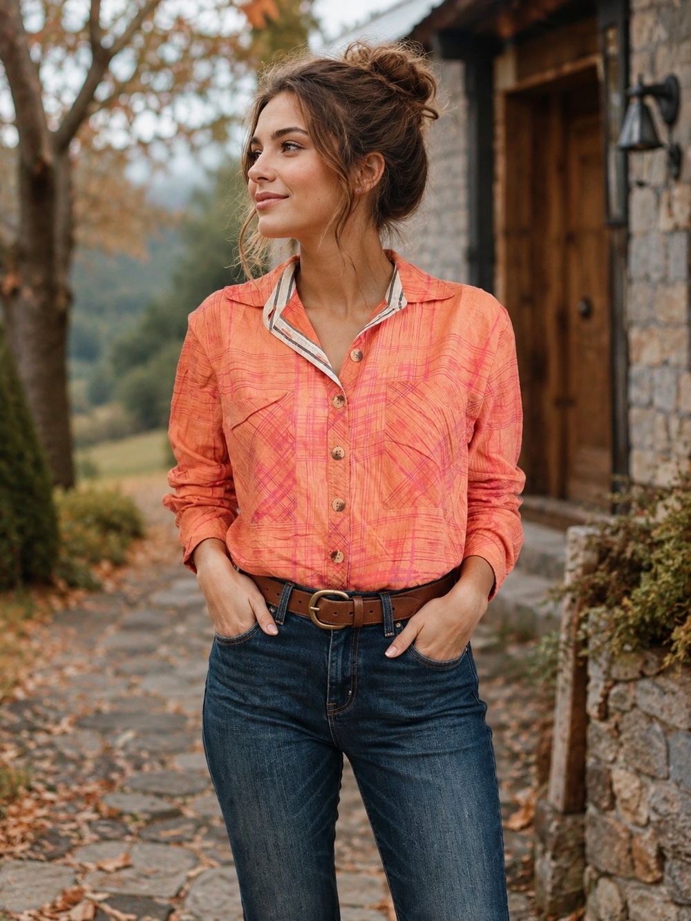 Free People Orange Plaid High Low Button Down Shirt XS Boho Cotton